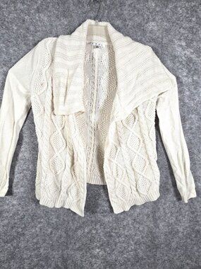 Cabi Sweater Womens Fisherman Cardigan Cable Knit  White Shawl Collar Open Sz S